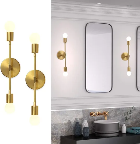 Vista 8 de KCO Lámpara de pared dorada con 2 luces para tocador de baño, luz de lectura de pared de latón, moderna de mediados de siglo, para pasillo, sala