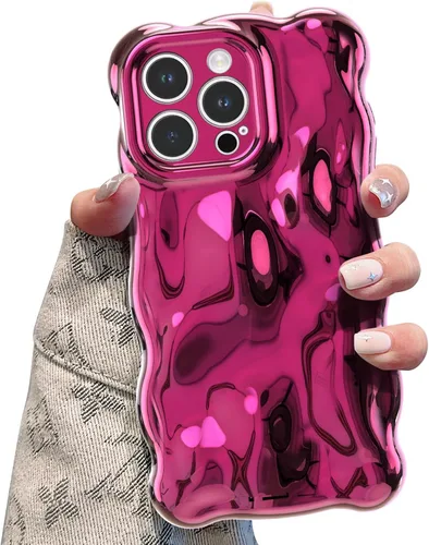 Vista 10 de UEEBAI Funda ondulada para iPhone 14 Pro Max, bonita cubierta plateada con forma de onda para iPhone, bonita funda estética 3D para teléfono