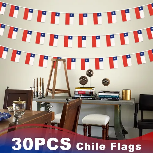 Vista 6 de Bandera de Banderines en Cordel de Chile, Pequeñas Mini Banderas Chilenas Guirnalda de Banderines, Decoración Nacional del País para Escuela