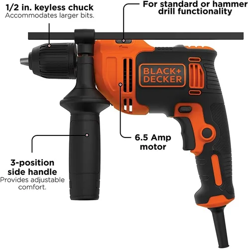 Vista 2 de BLACK+DECKER Taladro percutor, 6.5 amperios, 1/2 pulgada (BEHD201)
