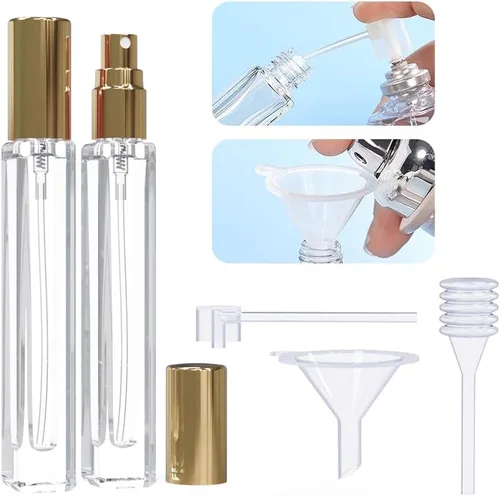 Vista 2 de 5 atomizadores de colonia vacíos, 0.3 fl oz, mini botellas de perfume recargables con herramientas dispensadoras, botella rociadora de bolsillo