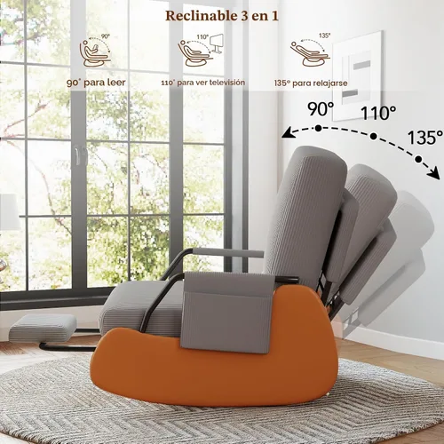 Vista 4 de Furniliving Moderna mecedora, silla mecedora tapizada para guardería con reposapiés reclinable ajustable y retráctil, cómoda silla de descanso