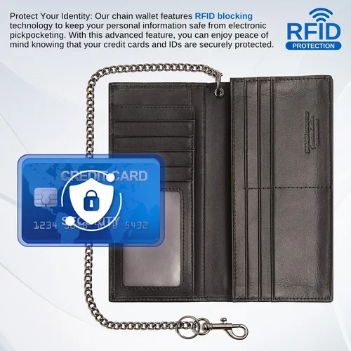 Vista 6 de Enwaen Carteras de cadena de motociclista para hombre, bloqueo RFID, de piel auténtica, diseño largo para camionero, motocicleta, chequera, Negro