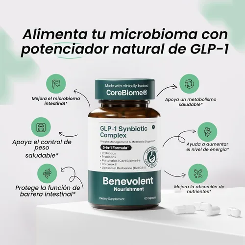 Vista 2 de Benevolent Natural GLP-1 Suplemento probióticos para la salud intestinal, 60 cápsulas 5-in-1 Synbiotic with Akkermansia, MetSyn®, Chromax® &