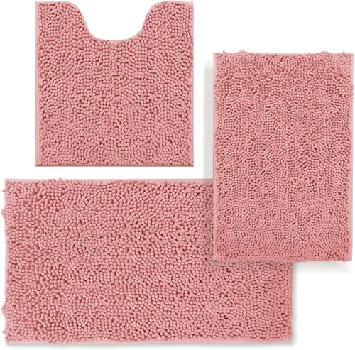 Vista 19 de Juego de alfombras de baño de 3 piezas, tapetes de baño para baño antideslizantes, alfombras de baño de felpilla gruesa, suaves y absorbentes, juego