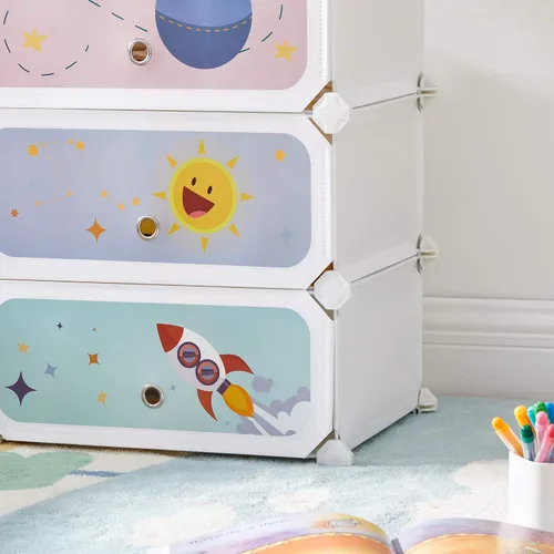 Vista 8 de SONGMICS Zapatero para niños con puertas, organizador de almacenamiento apilable de 6 ranuras, armario de plástico, juguetes, libros, ropa, 12.2 x