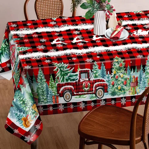 Vista 2 de Mantel cuadrado de Navidad 52x52 pulgadas - Rojo camión de Navidad, decoración de fiesta para el hogar - Mantel rectangular de Navidad a cuadros
