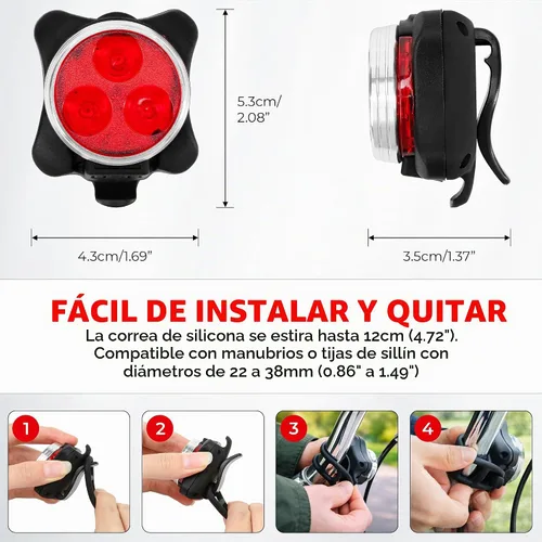 Vista 2 de Juego de 4 luces de bicicleta recargables por USB, impermeables, faros delanteros y traseros LED y luces traseras para bicicleta de montaña, 4 modos