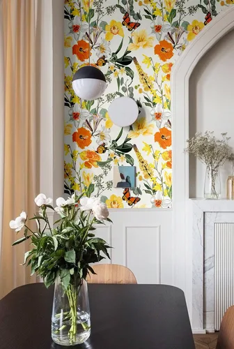 Vista 3 de Blooming Wall DPYC07 - Papel tapiz autoadhesivo con hojas de flores blancas y amarillas con mariposas, autoadhesivos, prepegados, decoración de pared