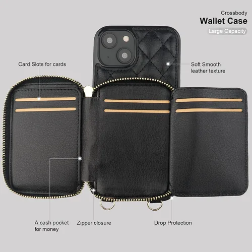 Vista 7 de Bocasal - Funda tipo cartera cruzada para iPhone 14 Plus, color negro RFID Blocking PU Leather Zipper Handbag Purse, Kickstand Flip Folio Case