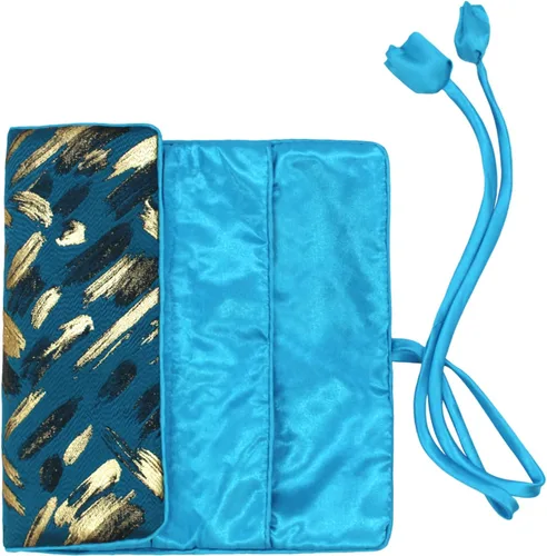 Vista 4 de Wei Long Rollo de joyería, bolsa de rollo de joyería de viaje, bolsa organizadora de joyas de brocado bordado de seda con cierre de corbata