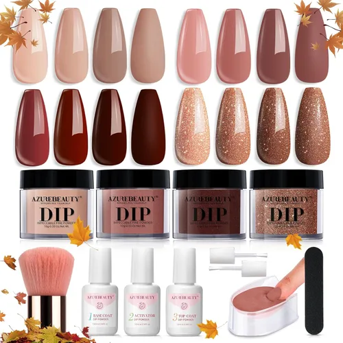 Vista 9 de AZUREBEAUTY Kit de iniciación de uñas en polvo de inmersión, 4 colores de otoño, piel nude, marrón, purpurina, juego de líquido de polvo