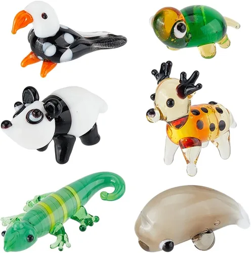 Vista 10 de 6 piezas de figuras de vidrio soplado a mano en miniatura, decoración de animales de cristal colorido, rana, ciervo sika, elefante, delfín mítico