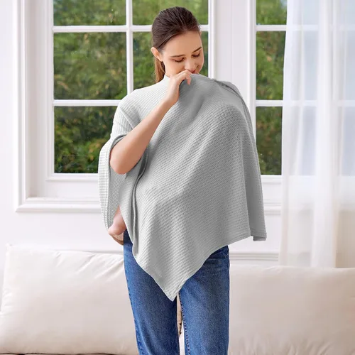 Vista 3 de Funda de lactancia de punto para lactancia materna, transpirable y suave, cuello ancho con elástico para una fácil visión (gris)