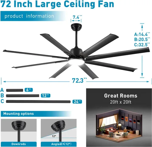 Vista 7 de Ventilador Celing de 72 pulgadas con luz y control remoto, ventilador grande con 8 cuchillas de aluminio negro, motor CC silencioso de 6