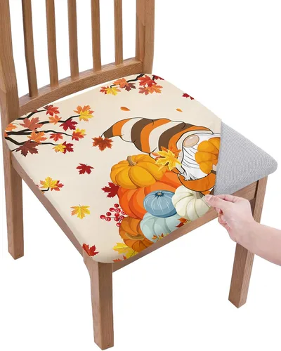 Vista 7 de LiDU Juego de 4 fundas de asiento de otoño de calabazas naranjas para sillas de comedor, fundas protectoras para sillas de Acción de Gracias, fundas