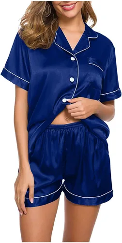 Vista 6 de Conjunto de pijama de satén para mujer, con botones, manga corta, 2 piezas, pijama de seda, suave, cómodo, sólido, ropa de dormir