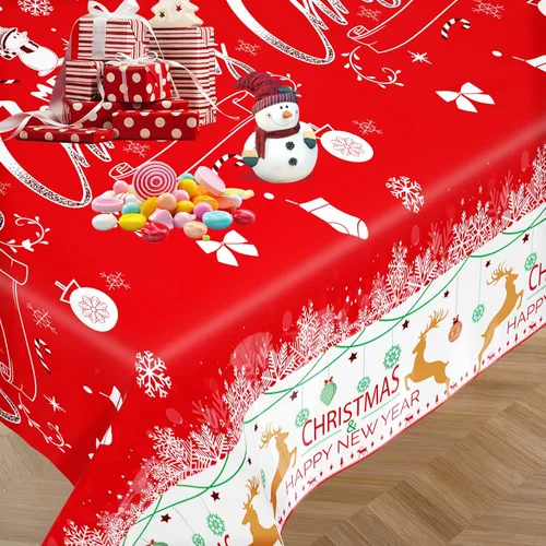 Vista 7 de Paquete de 3 manteles navideños desechables de plástico, manteles de mesa navideños rectangulares rojos para fiestas, con estampado de árbol
