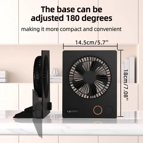 Vista 5 de Ventilador de escritorio pequeño, ventilador de mesa USB VEMONT con batería recargable de 5000 mAh, ventilador portátil personal plegable de 180°