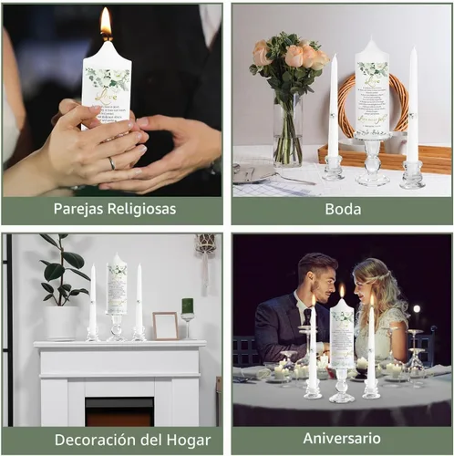 Vista 6 de Extrogif Unity - Juego de velas de boda, kit de ceremonia de 3 piezas con candelabros de cristal, pilar y velas cónicas para ceremonia de boda