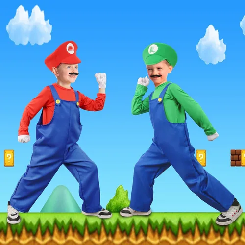 Vista 2 de Vermeyen Disfraz de Super Brothers para niños y adultos, traje de fontanero con sombrero, bigote, guantes, accesorio para disfraz de Halloween