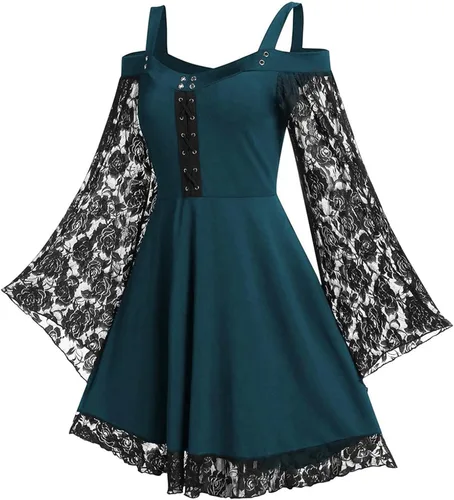 Vista 2 de Vestido medieval para mujer, vestido renacentista con encaje y mangas acampanadas, con tirantes delgados, hombros descubiertos