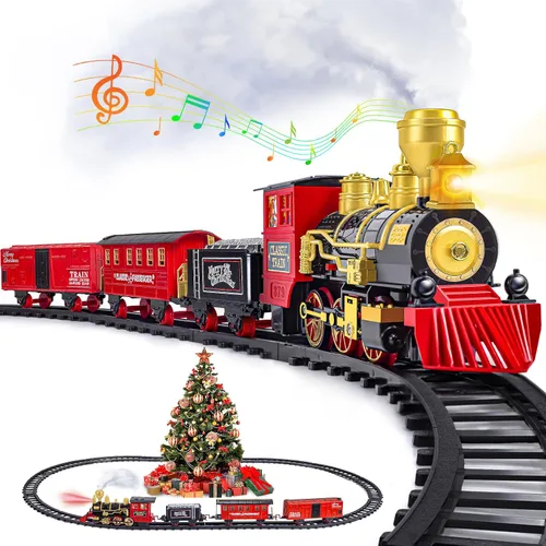 Vista 8 de Juego de tren para niños, juguete de tren con vapor, luz y sonidos, conjuntos de tren de Navidad para debajo del árbol, para niños y niñas de 3 4 5