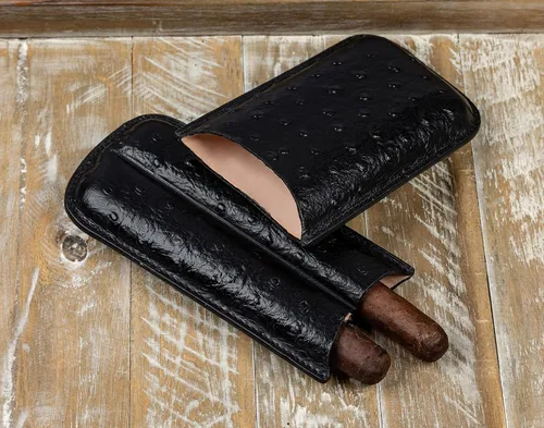 Vista 5 de Prestige Import Group - Estuche de viaje estilo avestruz de cuero con 2 puros - Negro