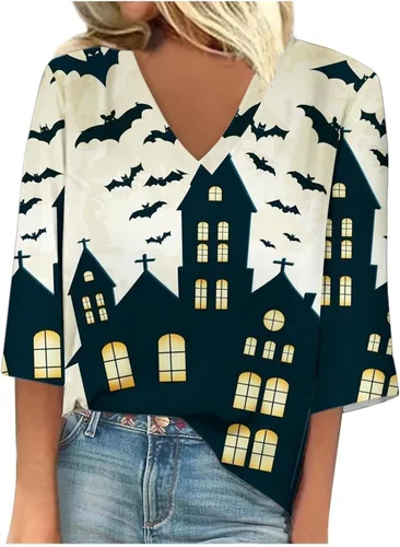 Vista 5 de Hocus Pocus Costumes for Women Elegant V Neck 34 Sleeve Pullover Causal Print Halloween Costumes for Adults Fall
