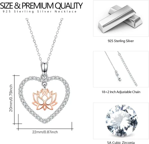 Vista 6 de CRWENG Collares de loto para mujer, plata de ley 925, collar con colgante de corazón floral de loto, joyería de circonita cúbica natural, regalos