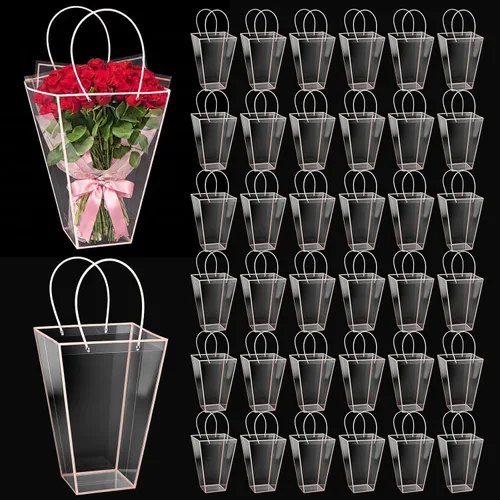 Vista 19 de Yexiya 12 bolsas florales grandes transparentes para ramo de flores a granel con asa transparente para regalo de boda, regalo de boda, regalo
