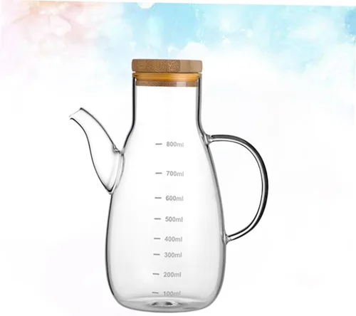 Vista 7 de Ciieeo Olla de aceite de vidrio de borosilicato con tapa de bambú a prueba de fugas y escala de medición, botella dispensadora de aceite de cocina