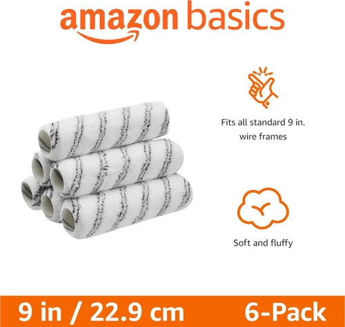 Vista 2 de Cubiertas de rodillo de pintura de microfibra Amazon Basics, para acabado suave, 9 x 3/8 pulgadas, paquete de 6