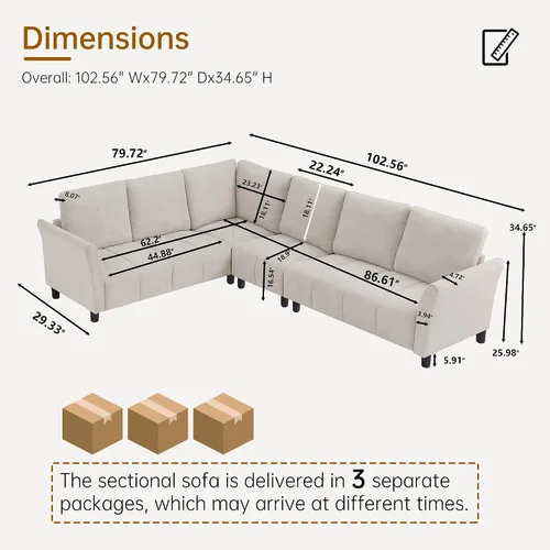 Vista 2 de Sofá modular modular en forma de L de 103 pulgadas, moderno sofá de tela de lino con fundas de cojín extraíbles, sofás modulares reversibles