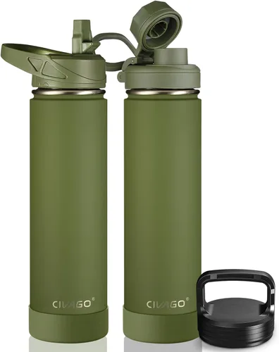 Vista 34 de CIVAGO Botella de agua aislada de 22 onzas con pajita, frasco de agua deportiva de acero inoxidable con 3 tapas