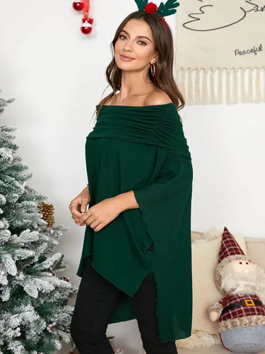Vista 3 de kenoce Blusa de un hombro descubierto dobladillo irregular de punto suave ponchos de punto