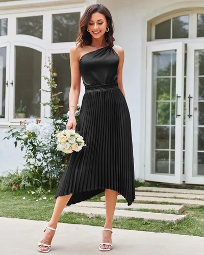 Vista 5 de GRACE KARIN Vestido de satén de verano 2023 con un hombro descubierto para mujer, sin mangas, plisado, vestido midi sexy de cóctel