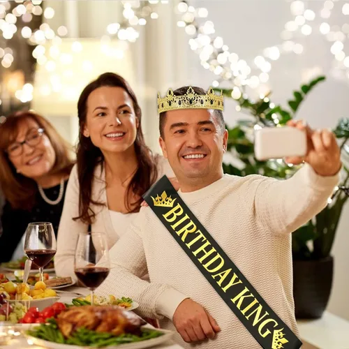 Vista 3 de Corona de Rey NA y Banda de Cumpleaños, Regalos de Decoración de Baile de Graduación para Hombres (Dorado-1)
