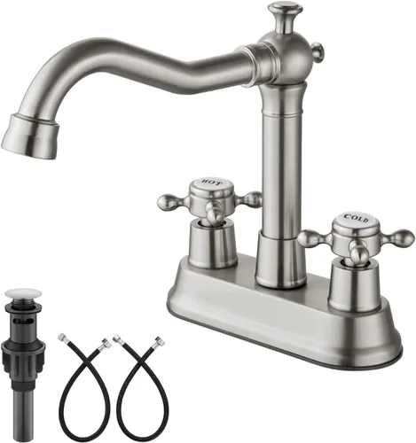 Vista 11 de Aolemi Juego central de 4 pulgadas, grifo vintage para lavabo de baño, 2 manijas cruzadas, lavabo para lavabo, 3 agujeros, incluye mangueras, grifo