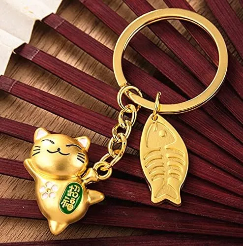 Vista 7 de LinaLife Llavero de metal Maneki Neko Lucky Cat Llavero con colgante de oro de la suerte, gatito Feng Shui, Maneki Neko Lucky Cat llavero