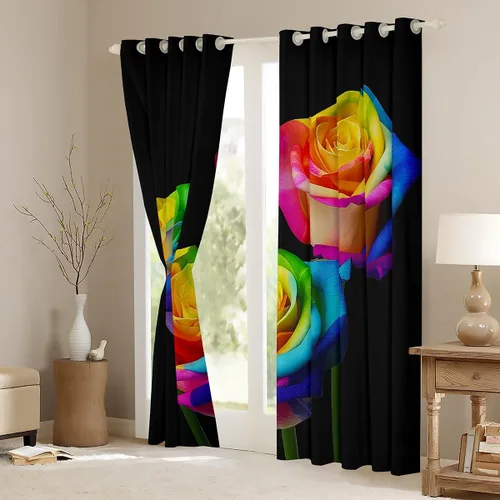 Vista 3 de Feelyou Cortinas de ventana de rosas para decoración de dormitorio, rosas de arco iris, cortinas de ventana florales para parejas, amantes de ramo