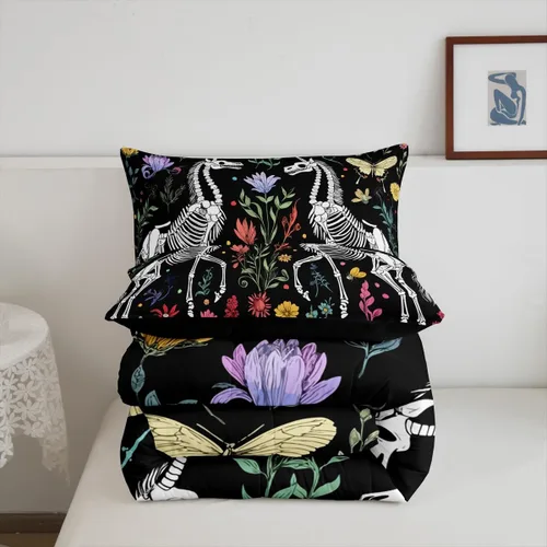 Vista 7 de Juego de edredón de polilla de la muerte, juego de ropa de cama tamaño individual, diseño de calavera gótica, flores botánicas, juego de edredón
