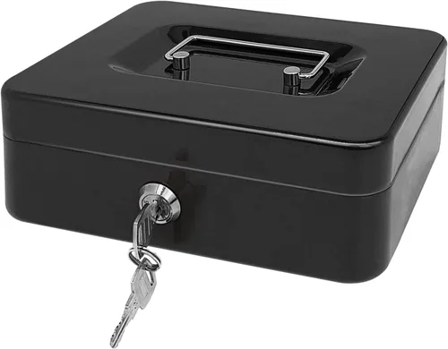 Vista 19 de Caja de efectivo de acero con cerradura de llave, organizador de dinero pequeño de metal con bandeja para dinero, caja de almacenamiento de efectivo