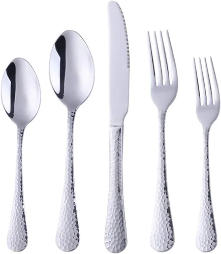 Vista 10 de Juego de 5 piezas de cubiertos de acero inoxidable negro para 1, juego de cubiertos incluye cuchillo de cena, tenedor de mesa, cuchara de mesa