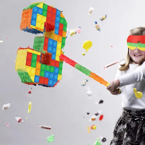 Vista 8 de Decoraciones de fiesta de cumpleaños de bloques de construcción para el tercer cumpleaños Número 3 Piñata con palo de piñata y venda para los ojos
