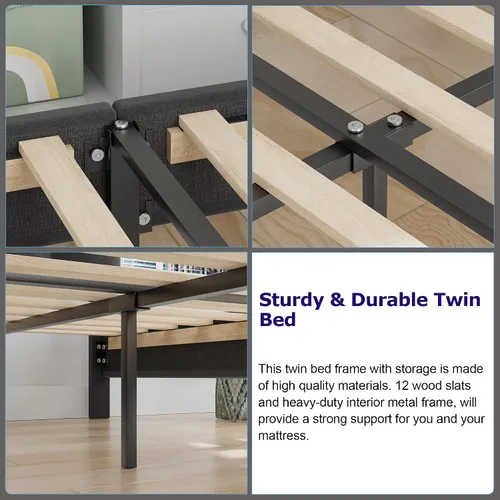 Vista 7 de VECELO Base de cama de tamaño individual con cajón de almacenamiento, base de cama de plataforma resistente con cabecera y fuerte soporte de Negro
