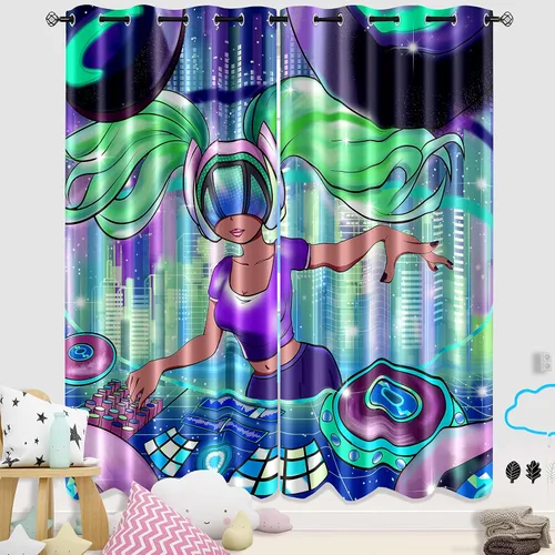 Vista 19 de Cortinas negras para dormitorio, decoración de habitación, cortinas opacas para ventana, juego de 2 paneles con estampado de niña africana morada