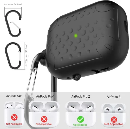 Vista 6 de Funda impermeable para AirPods Pro de 2ª generación, funda protectora de silicona antipérdida, carga inalámbrica y LED visible, con mosquetón
