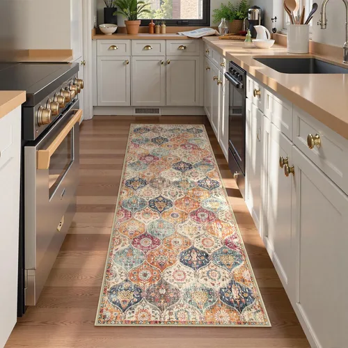 Vista 53 de Lahome - Alfombra marroquí antideslizante y lavable, pequeña alfombra oriental para dormitorio, cocina, entrada, baño, entrada, 61 x 91 cm, crema