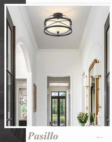 Vista 7 de Accesorios de luz de tambor para entrada, lámpara de techo rústica de montaje semiempotrado para pasillo, sala de estar, dormitorio, cocina (negro)